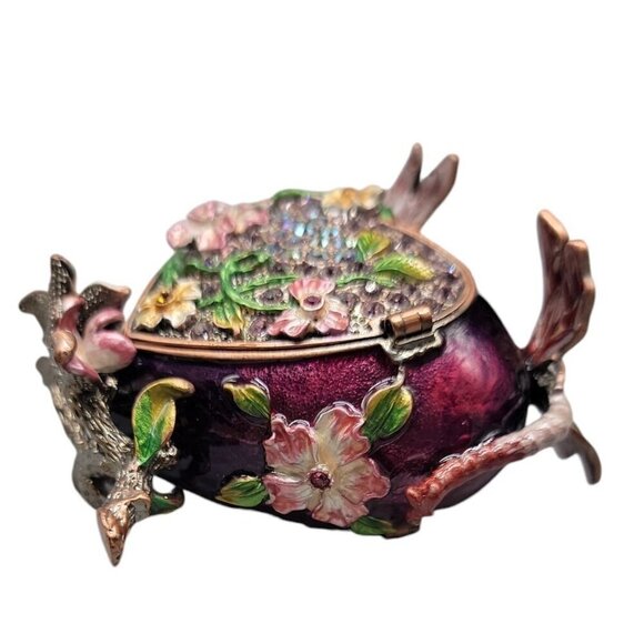Heart Trinket Box Purple Enamel Pave Rhinestone Acccent Flowers Dragonflies - Picture 12 of 16